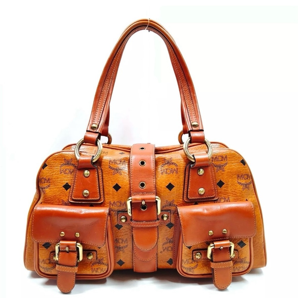 MCM Cognac Leather Shoulder Bag with Dual Front Pockets